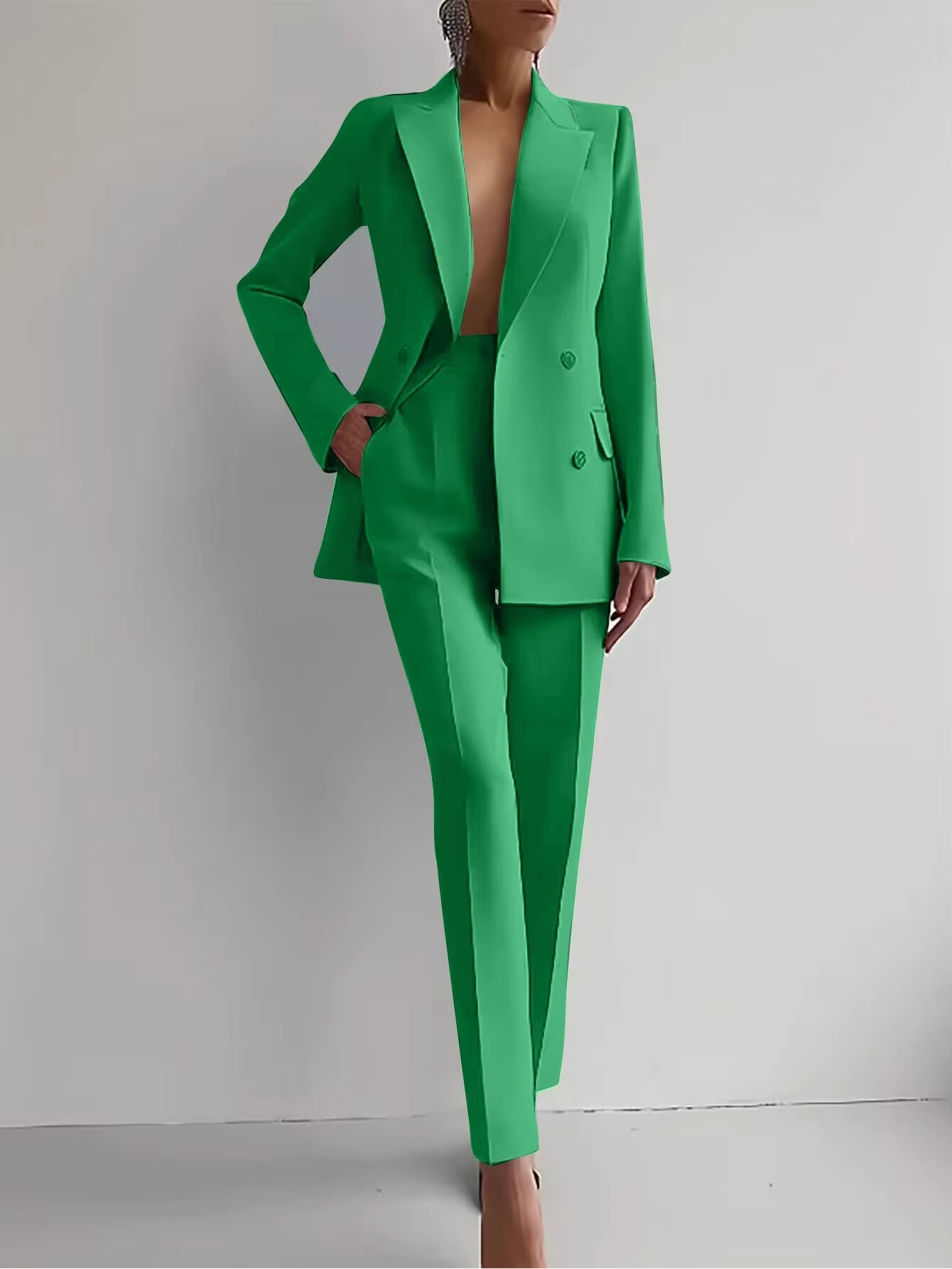 Women's solid color blazer and high-waist pants 2-piece set, tailored coordinated workwear suit