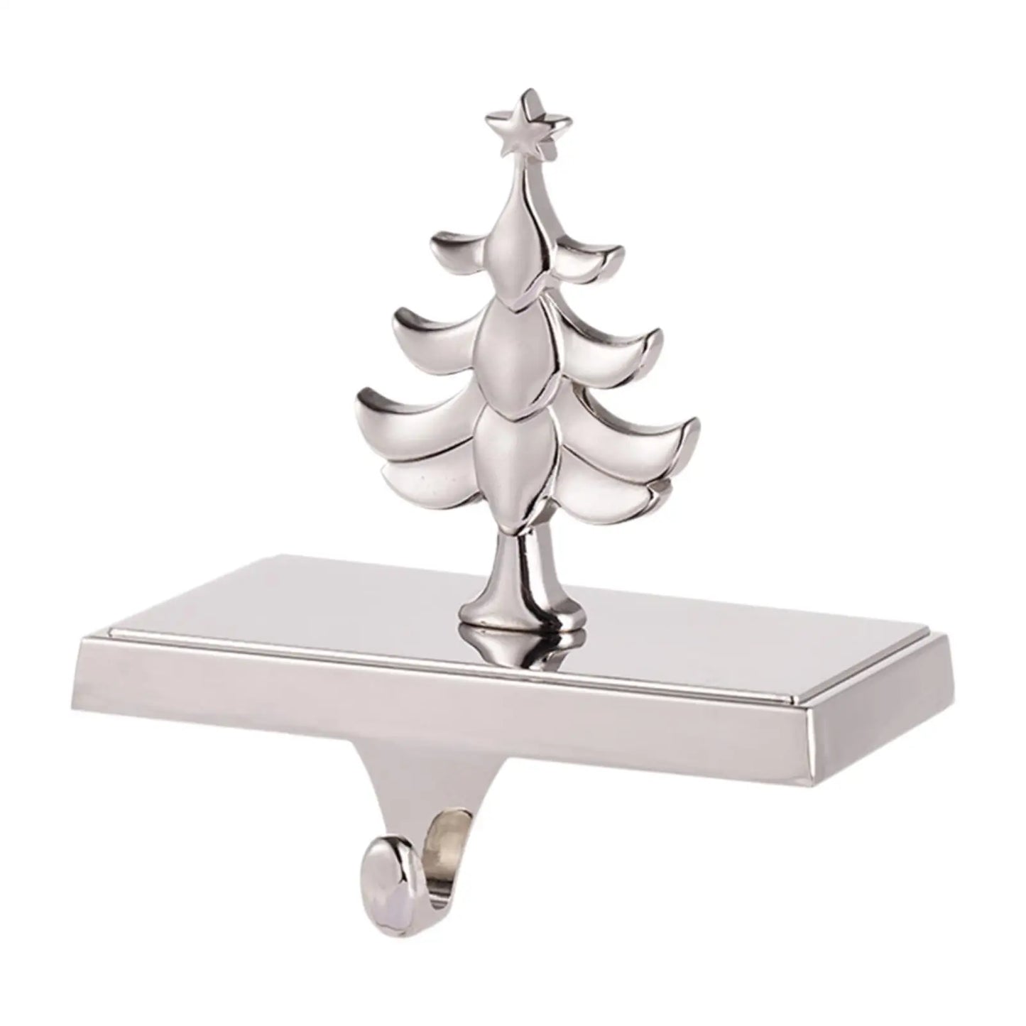 Chrome cast iron Christmas stocking hangers with shiny finish, weighted base, festive holiday mantel decor