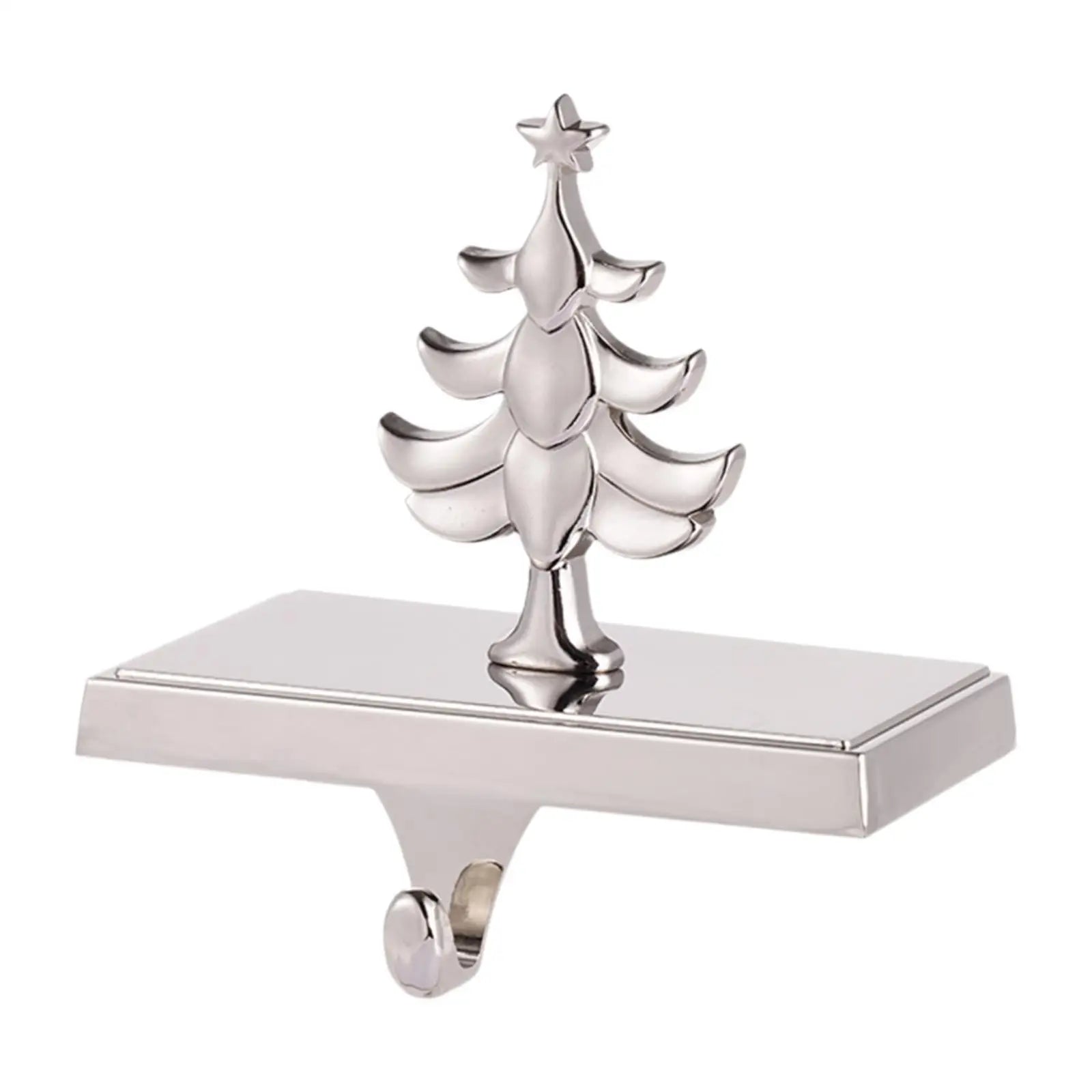 Chrome cast iron Christmas stocking hangers with shiny finish, weighted base, festive holiday mantel decor