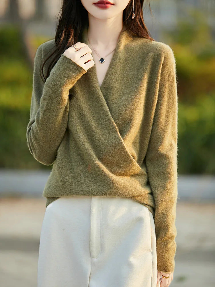 Women's wool knit V-neck sweater relaxed fit long sleeve cozy pullover wardrobe essential