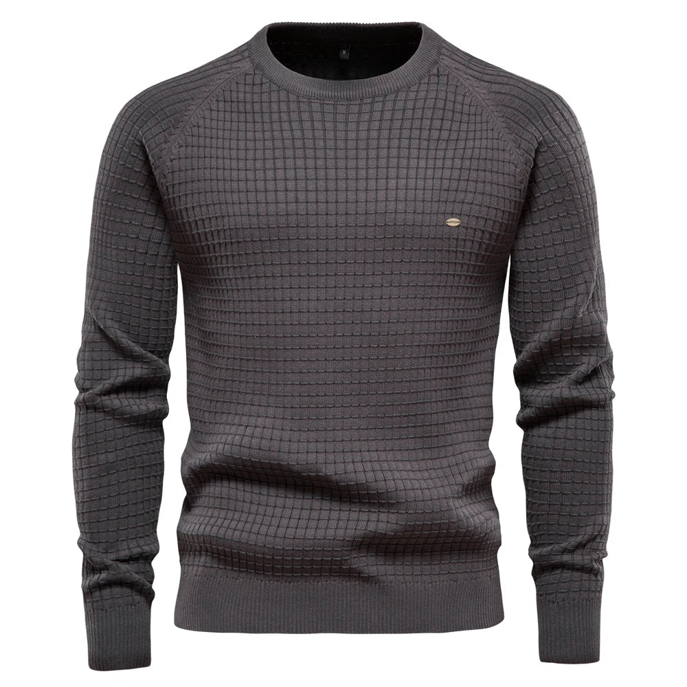 Men's navy grid-pattern crewneck sweater with ultra-soft fabric and slim tailored fit