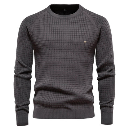 Men's navy grid-pattern crewneck sweater with ultra-soft fabric and slim tailored fit