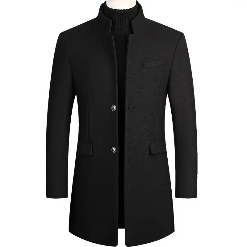 Burgundy wool blend men's trench coat with refined tailoring and thickened fabric for cold weather