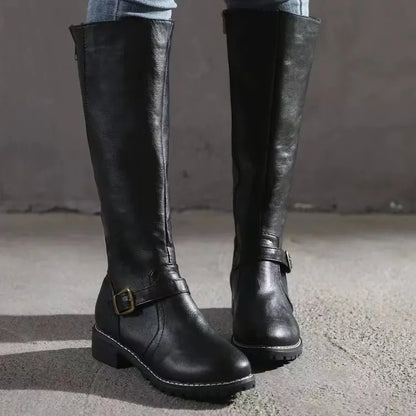 Women's knee-high premium leather comfort boots in classic brown with full-grain refined finish
