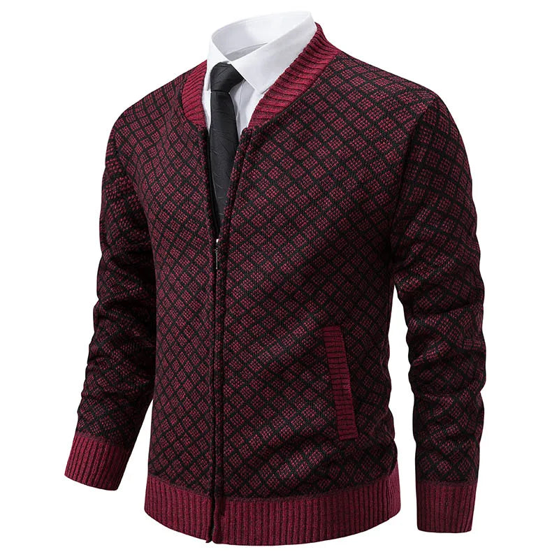 Men's navy tailored-fit full-zip cardigan jacket with textured premium knit and polished finish