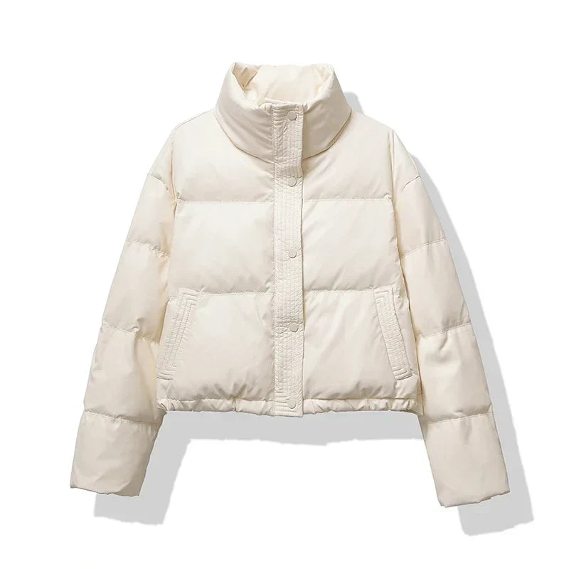 Women's cropped puffer jacket warm insulated lightweight casual outerwear with modern silhouette