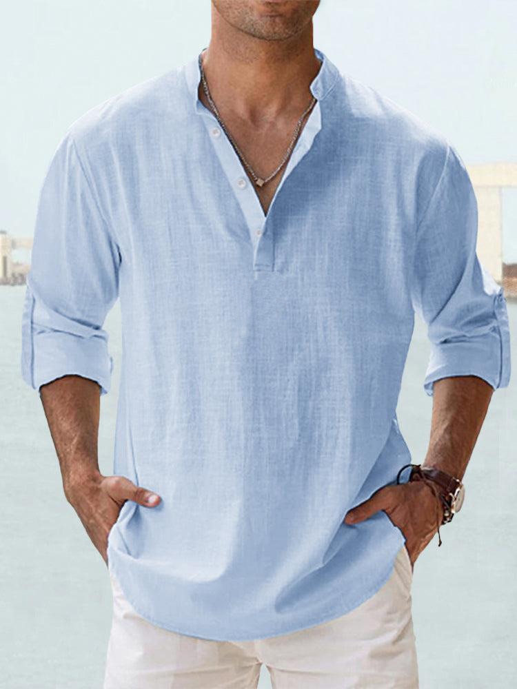 Men's relaxed fit linen shirt mandarin collar long sleeve breathable lightweight casual top