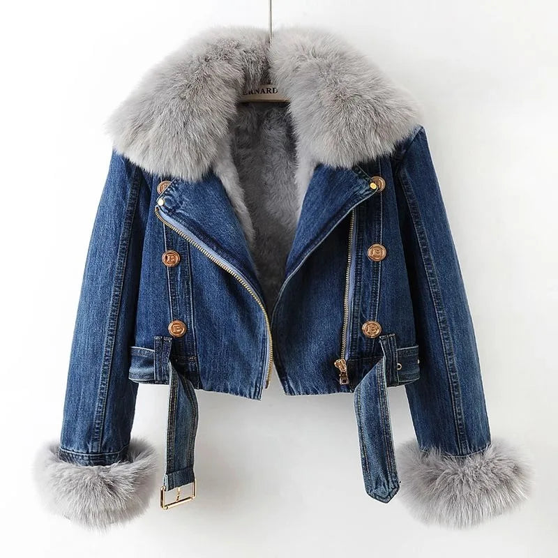 Cropped denim jacket with removable fox fur collar and cuffs, bold lapel details, insulated lining