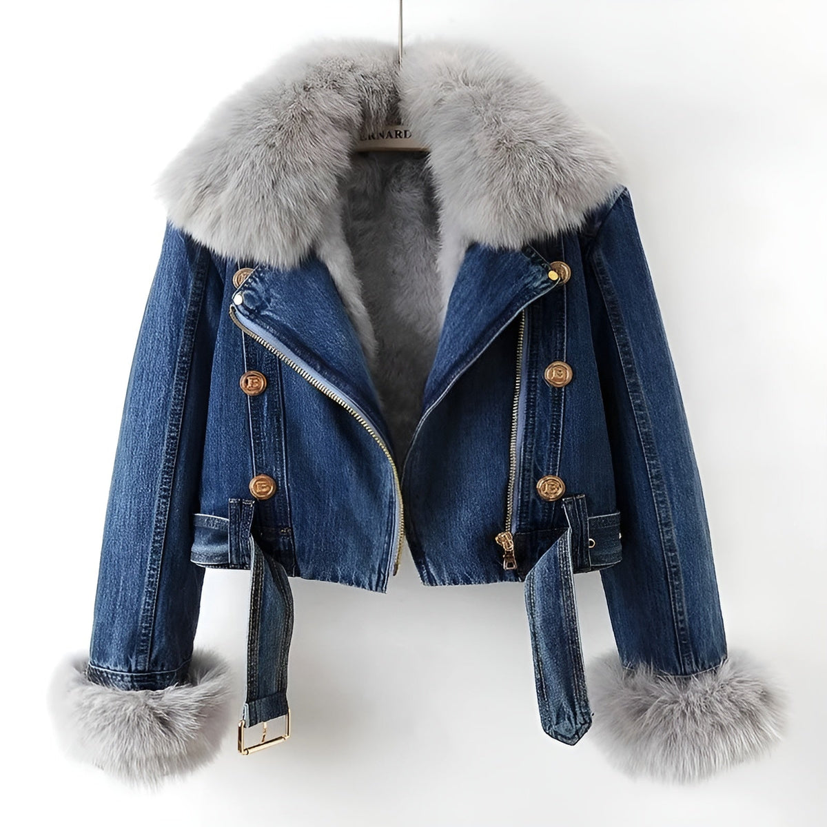 Blue denim biker jacket with removable faux fur collar and cuffs, gold button hardware, open lapel