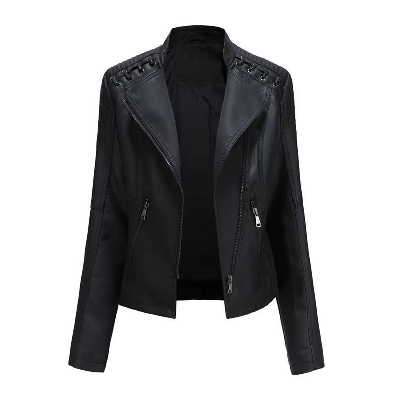 Women's black PU leather motorcycle jacket slim fit short zip-up with bold biker style