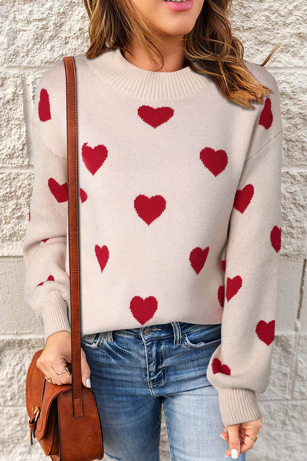 Cream knit sweater with delicate heart pattern, feminine elegant cut for effortless chic style