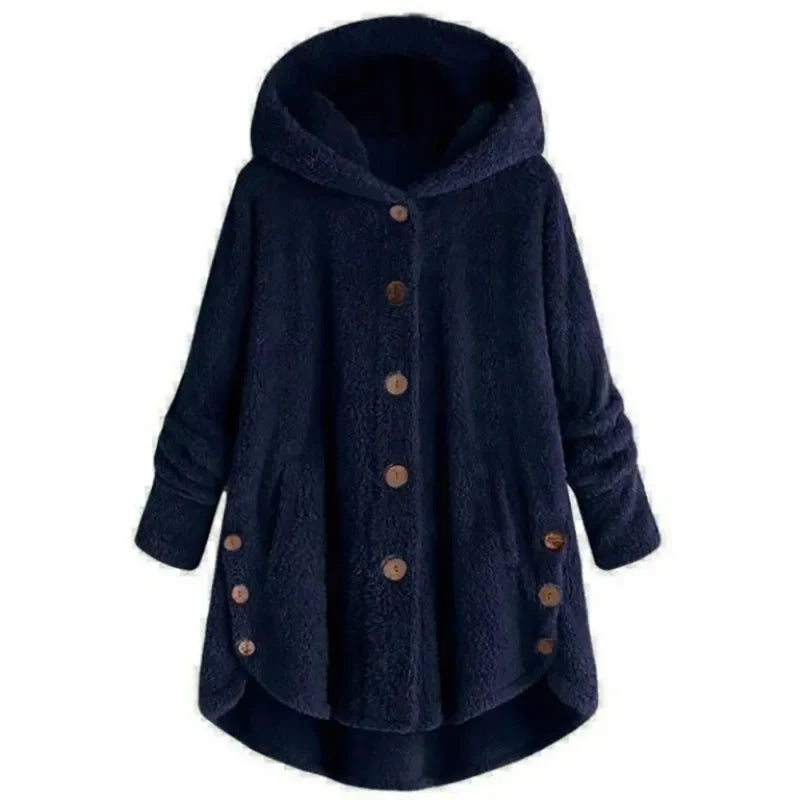 Women's relaxed-fit hooded fleece jacket in plush texture with button front closure and pockets