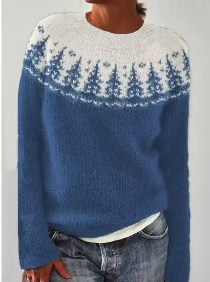 Color block loose fit women's knit top, round neck full sleeves, multicolor relaxed silhouette