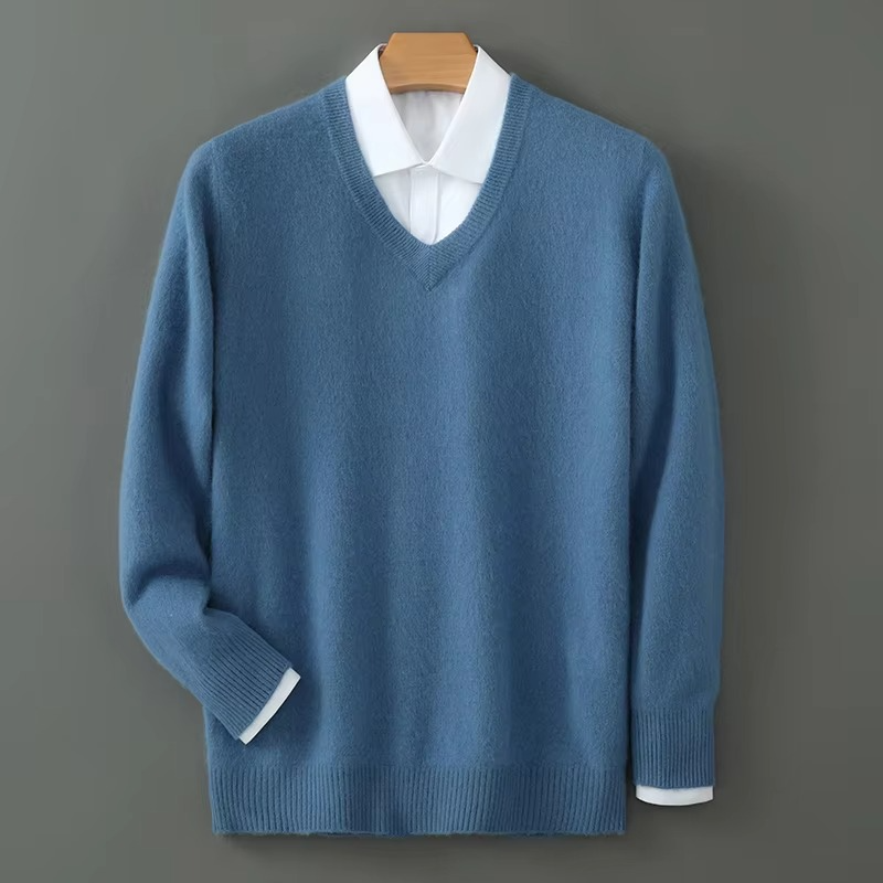 Men's cashmere blend V-neck knit pullover loose fit sweater in neutral tone for winter warmth