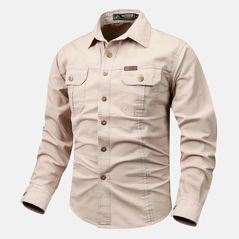 Men's olive utility button-down shirt with durable fabric and multiple outdoor chest pockets
