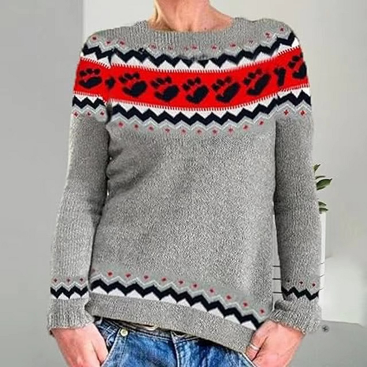 Women's color block knit pullover sweater loose fit round neckline casual comfort style