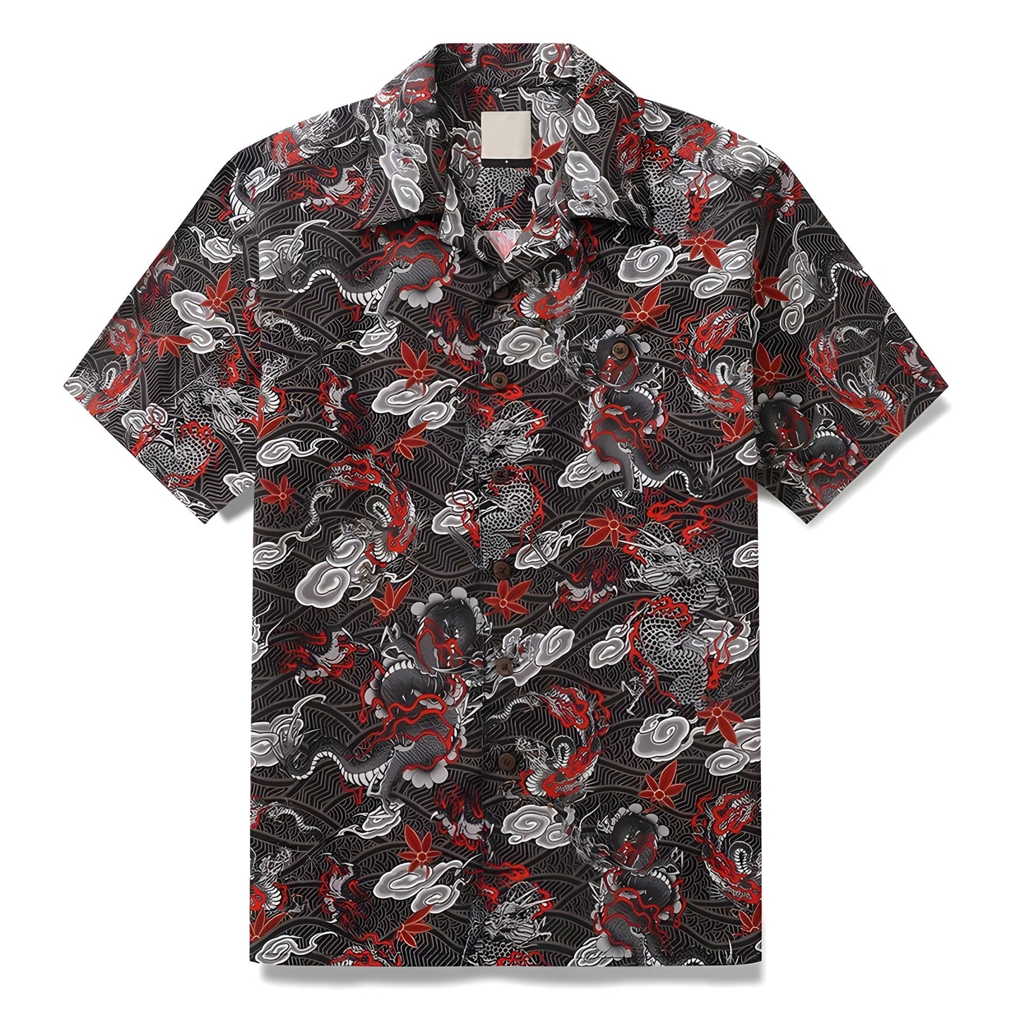 Warm-toned Eastern dragon print short sleeve shirt with turn-down collar and relaxed comfortable fit