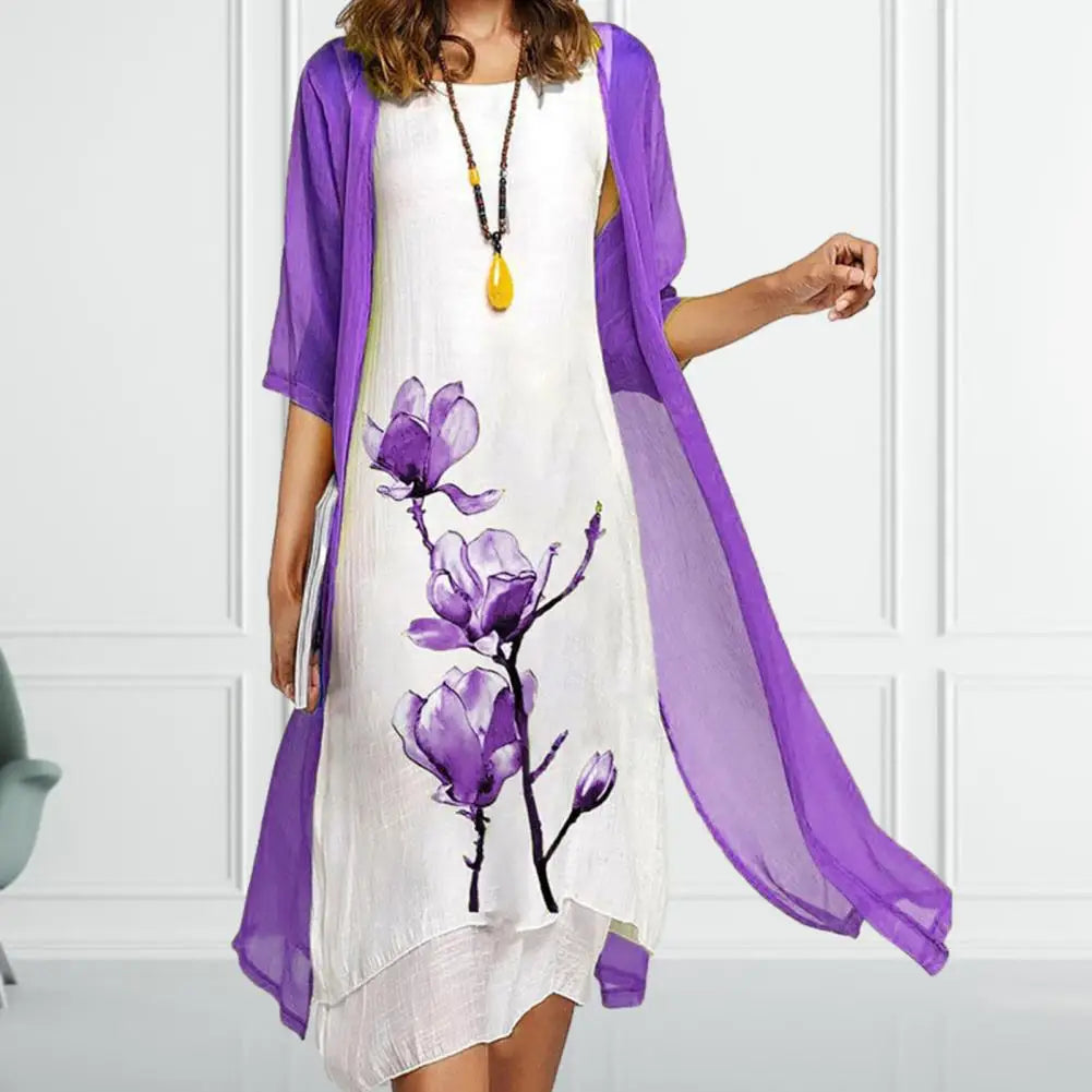 Women's white floral midi dress set with sheer green cardigan, magnolia print two-piece