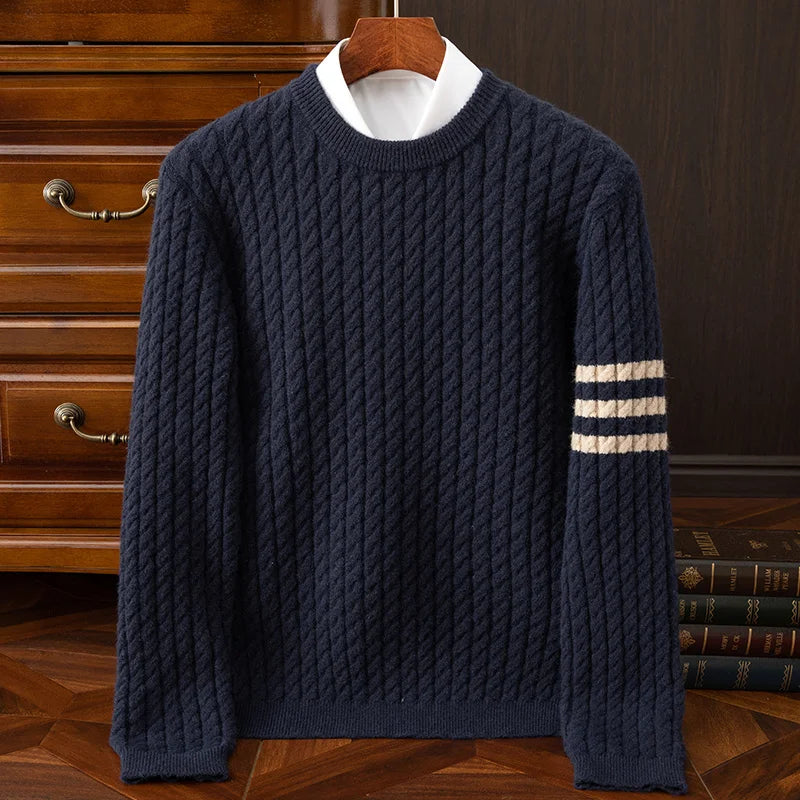Men's ivory 100% cashmere sweater with handknit ridged texture, soft luxury layering piece