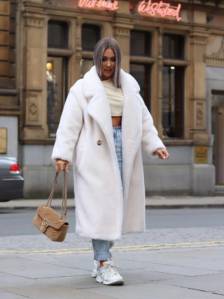 Women's oversized longline fuzzy teddy coat mid-calf length plush texture relaxed fit autumn winter