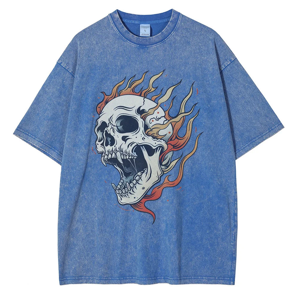 Oversized heavyweight acid-wash skull flame graphic cotton tee in bone white distressed finish