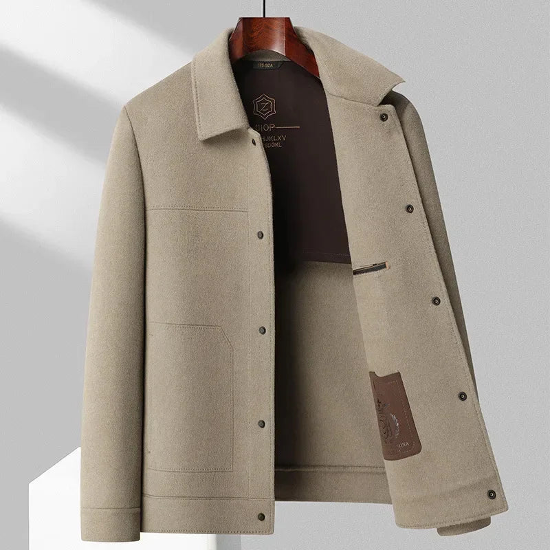 Men's refined wool jacket double-sided blend tailored silhouette boardroom-ready sharp structured fit