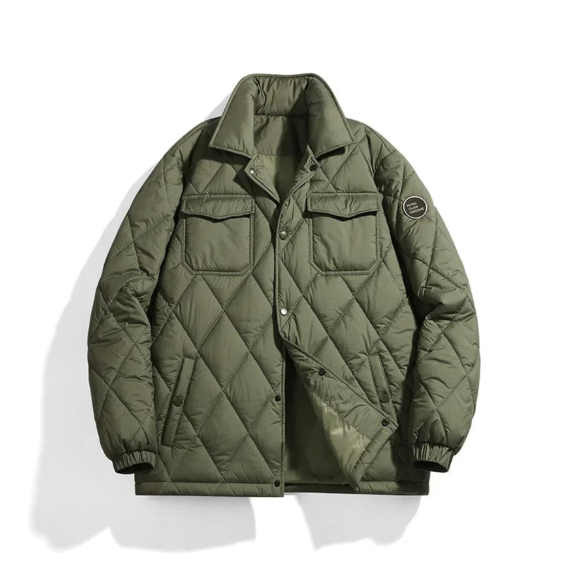 Black quilted puffer winter jacket with stand-up collar, ribbed cuffs, and snap button closure