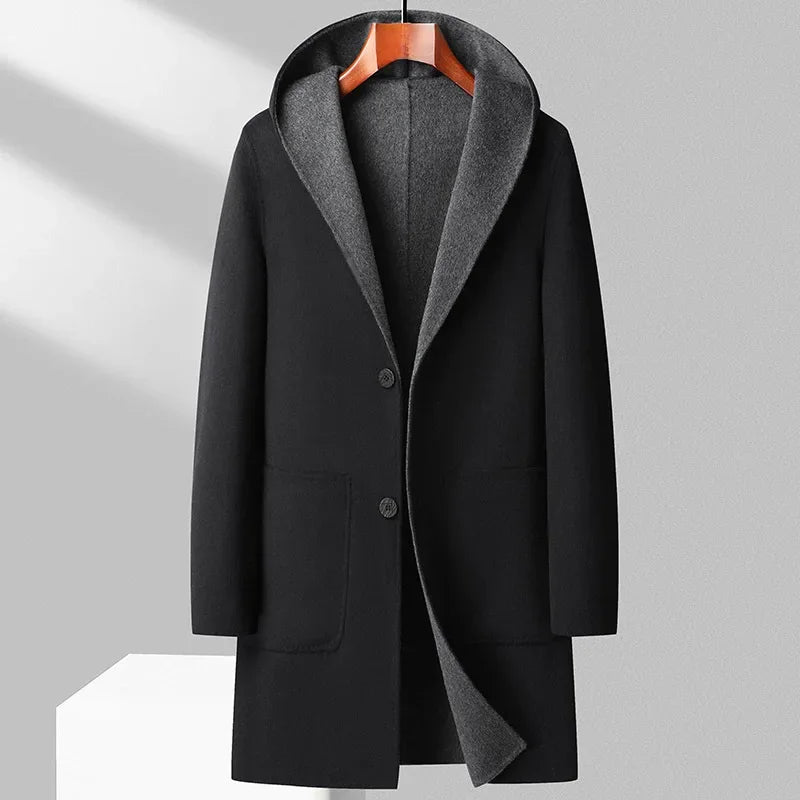 Reversible mid-length wool overcoat in dual-tone design, lightweight layering piece for business or casual wear