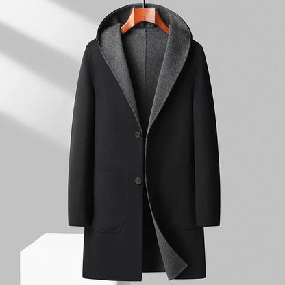 Reversible mid-length wool overcoat in dual-tone design, lightweight layering piece for business or casual wear