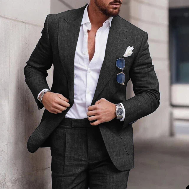 Men's slim fit beige linen suit set single breasted lightweight breathable Nordic Flair elegant