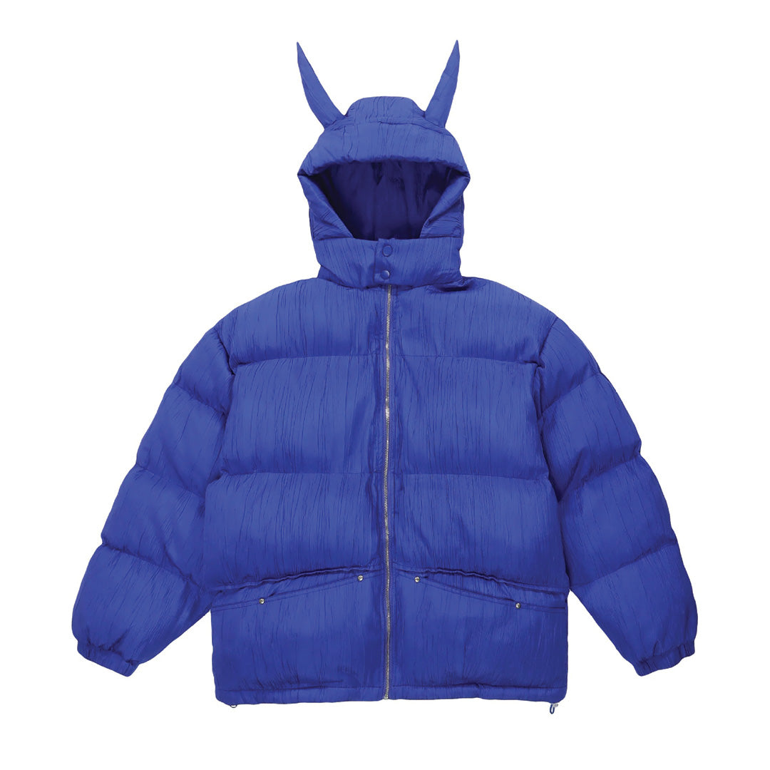 Black horned hooded puffer coat with face guard, thick cotton padding and zipper closure