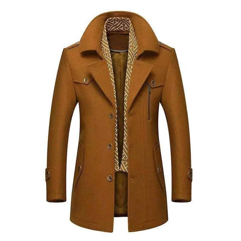 Men's mid-length wool blend winter overcoat with scarf collar, padded insulation, smart-casual fit