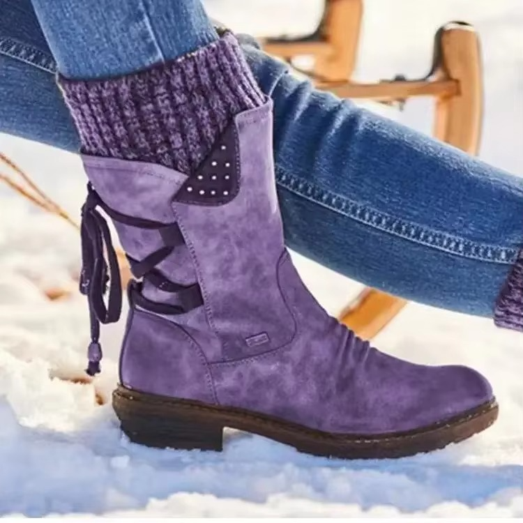 Women's faux suede mid-calf winter boots with warm fleece lining and slip-resistant sole