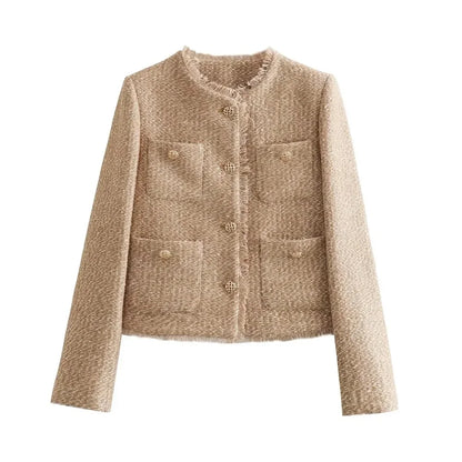 Women's tweed button-down jacket in classic chic style with textured fabric for office and casual wear