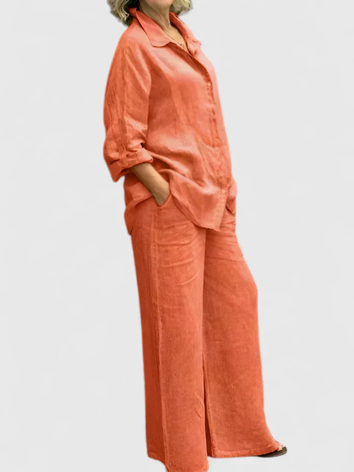 Soft pink linen two-piece set oversized button-down shirt and wide-leg pants relaxed minimal style