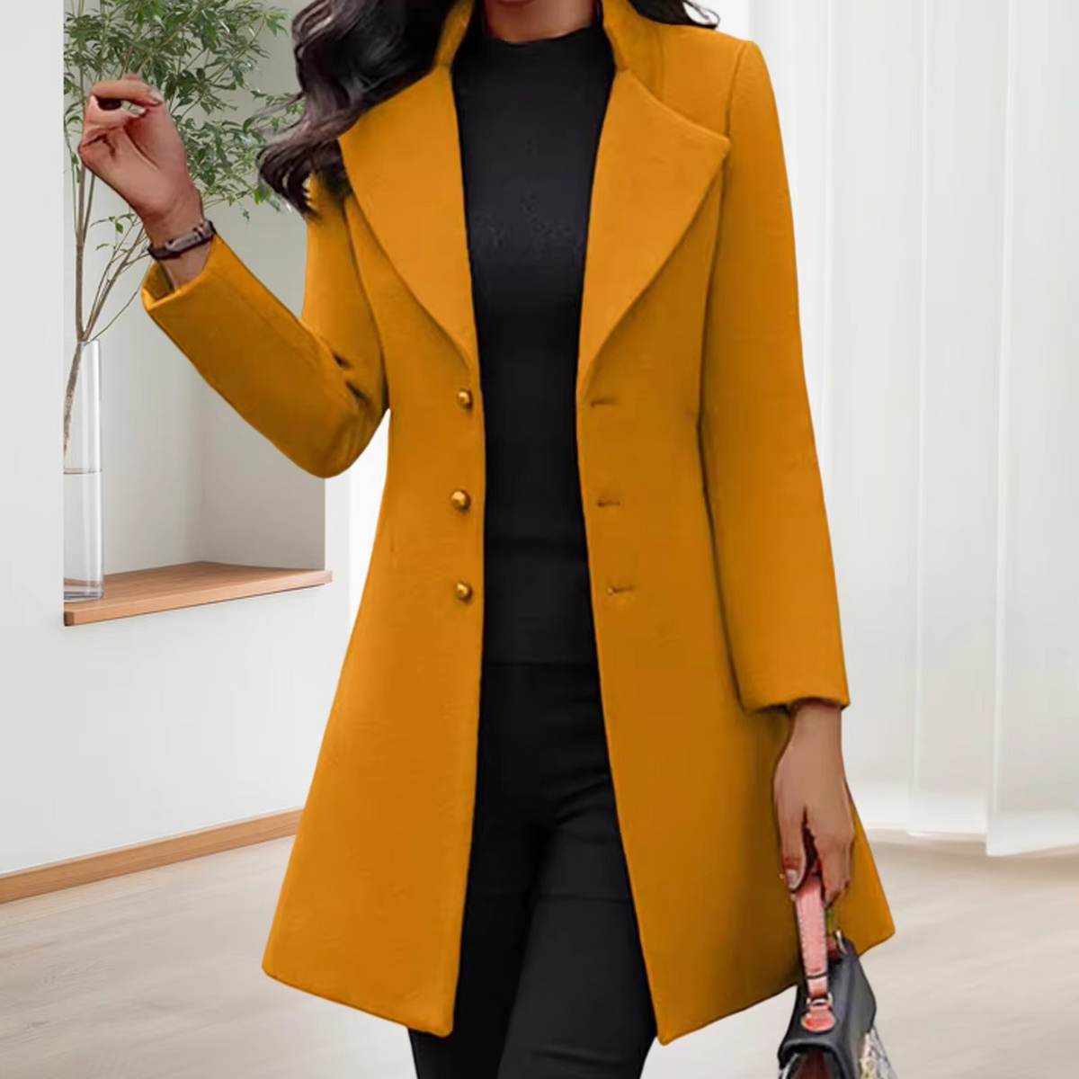 Women's mid-length slim fit wool coat single breasted winter jacket for work, sleek sophisticated style
