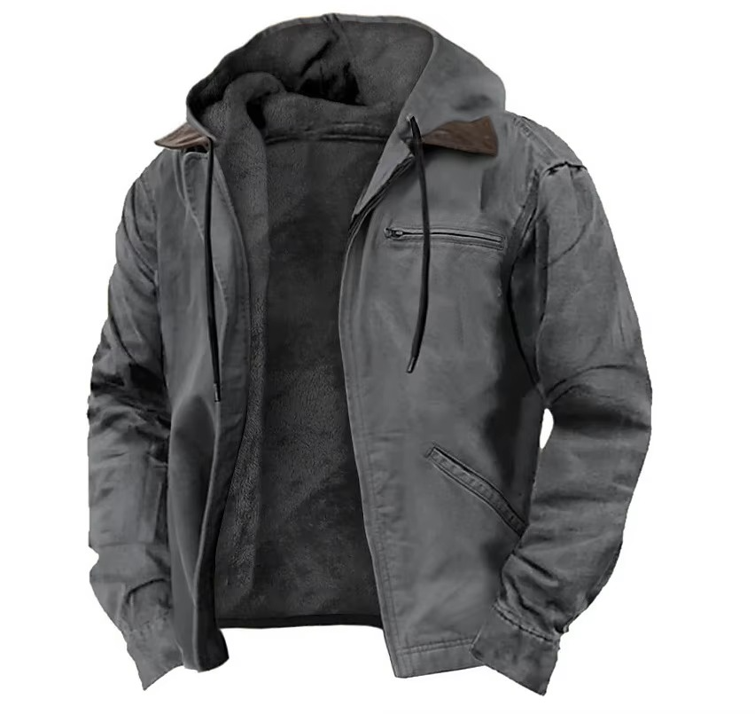 Men's winter fleece hooded jacket with zipper pockets, warm fleece lining, casual outdoor fit
