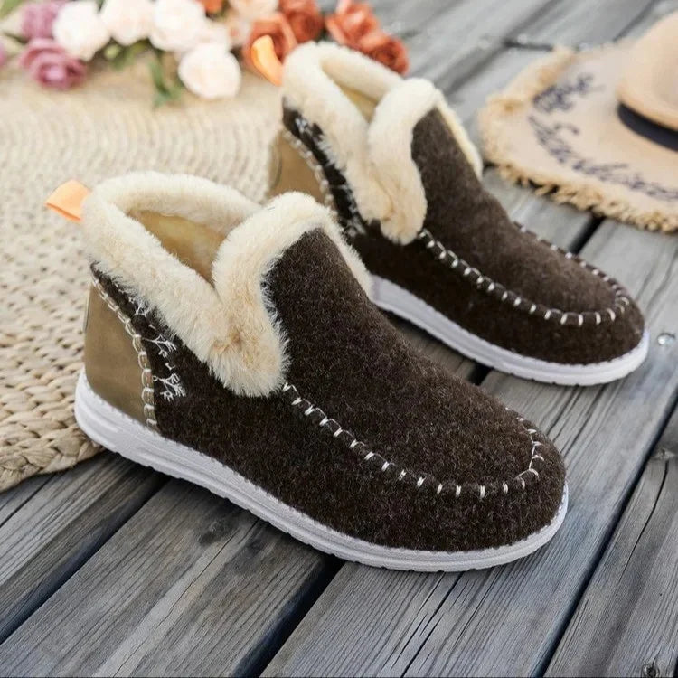 Women's ankle boots felt-like texture faux fur lined stitched trim cozy casual winter style
