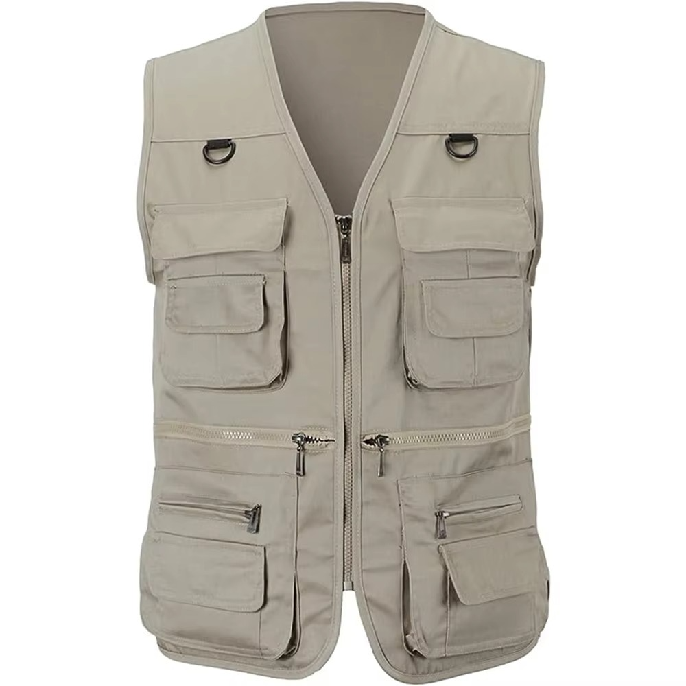 Men's lightweight outdoor fishing vest with multiple zippered cargo pockets for hiking and travel