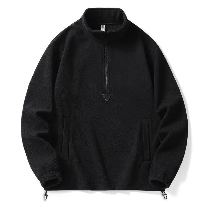 Men's gray fleece sweater relaxed fit with quarter-zip mock neck and kangaroo pockets