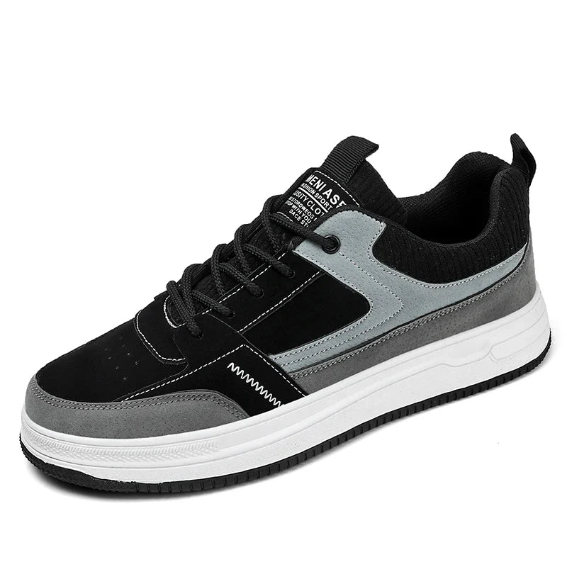 Men's vintage patchwork sneaker with suede and knit panels, cushioned rubber outsole, retro style