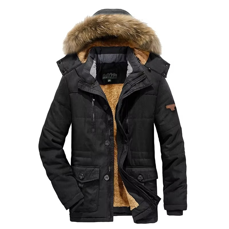 Men's navy winter parka jacket with thick fleece lining, rugged hooded cut for hikers and commuters
