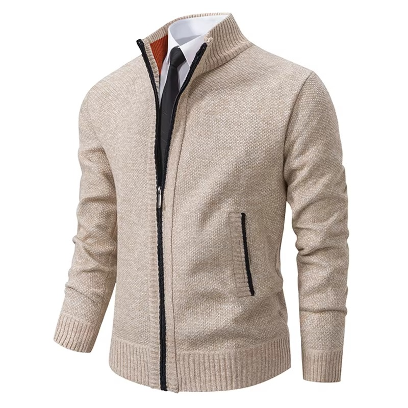 Men's fleece lined stand collar zip cardigan warm casual jacket in neutral fall winter style
