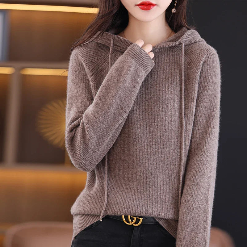 Fiona slim-fit merino wool hoodie in neutral tone with silk-soft texture and breathable all-day comfort