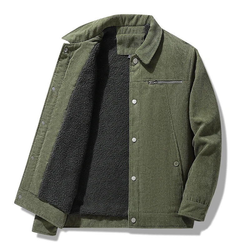 Ribbed corduroy jacket with fleece lining, structured fit, neutral tone, shiny metal hardware