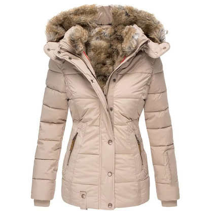Women's slim-fit winter parka in wool cotton blend with padded hood, windproof warmth