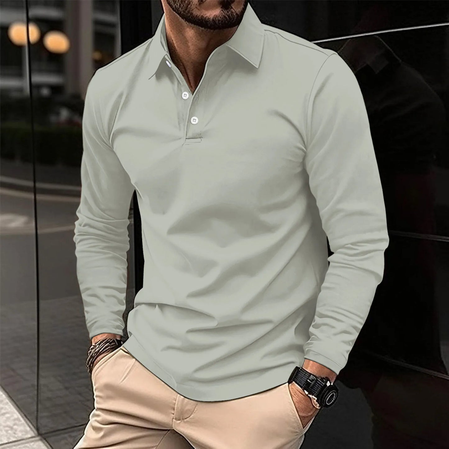 Men's slim fit long sleeve polo shirt breathable cotton casual semi-formal versatile all-season top