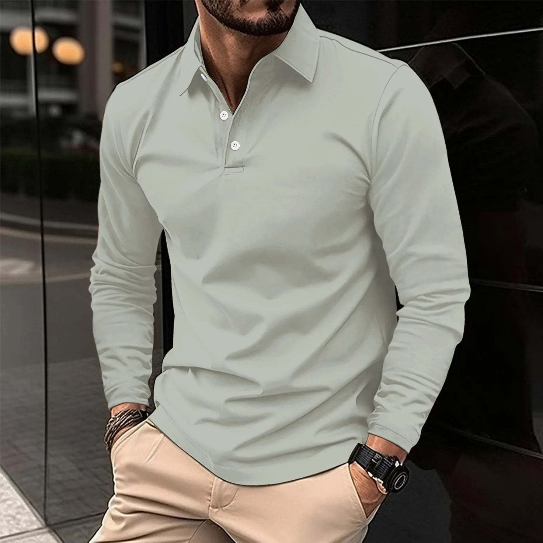 Men's slim fit long sleeve polo shirt breathable cotton casual semi-formal versatile all-season top