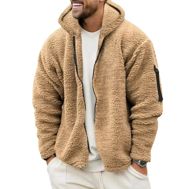 Men's reversible fleece hooded jacket cozy two-tone dual-wear zip-up outerwear for fall winter