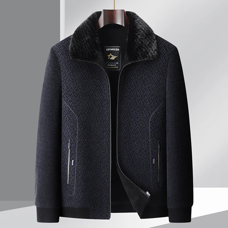 Black textured grid jacket with soft-structured cut and bold fur-lined collar accent